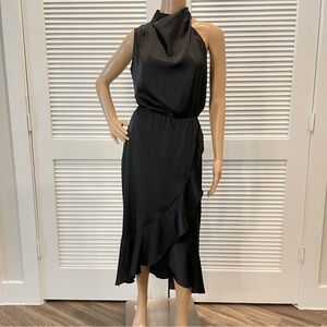 NWT Satin midi dress with mock neck mermaid silhouette and ruffle hem